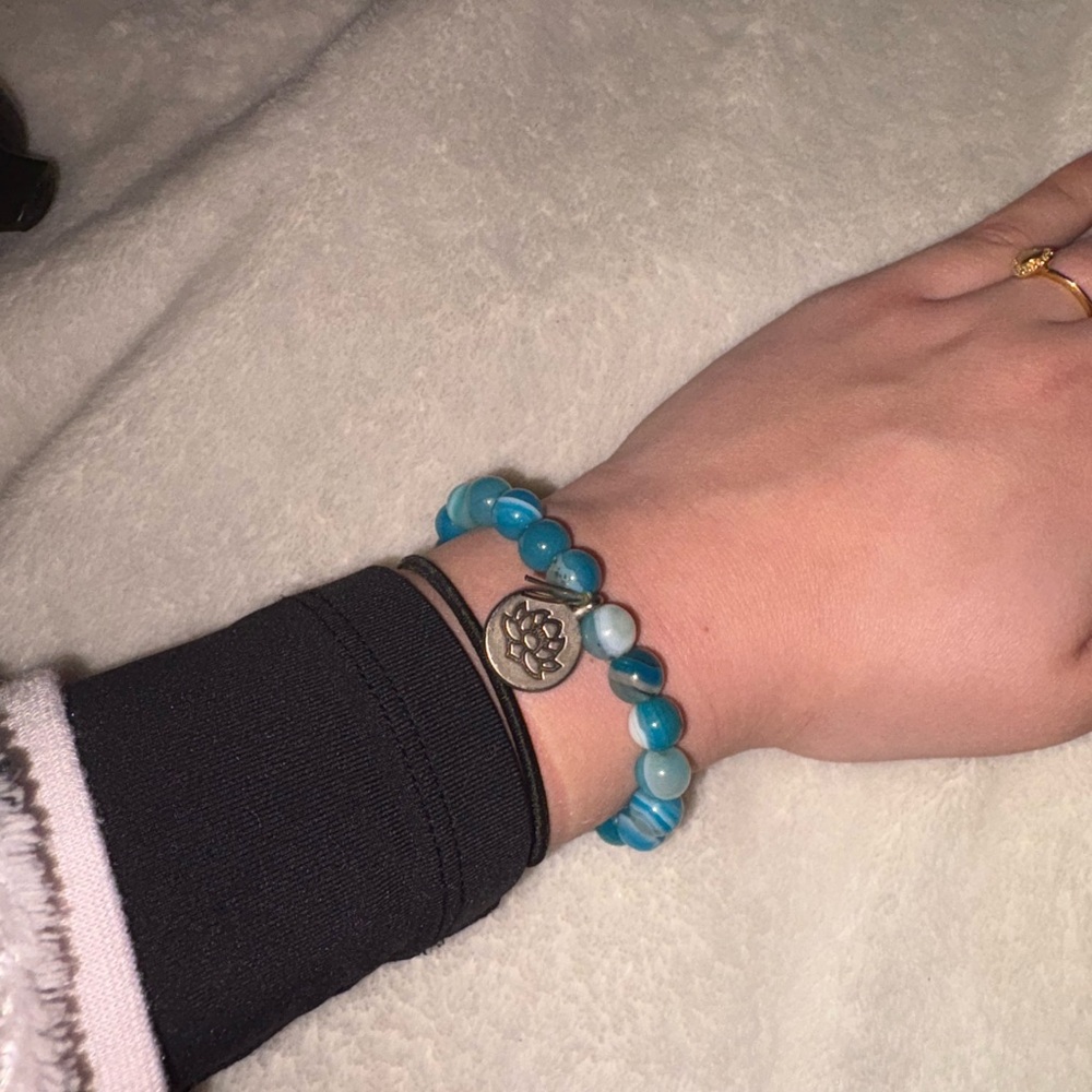 Blue Agate Beaded Bracelet with Silver Charm